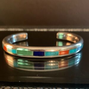 Native American Zuni stamped Inlay Silver Bracelet 6.5”